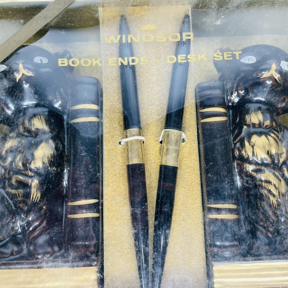 Siamese Cat Bookends MCM 50s DESK SET Pens Goth Wicca‎ w/BOX Vintage Black Gold